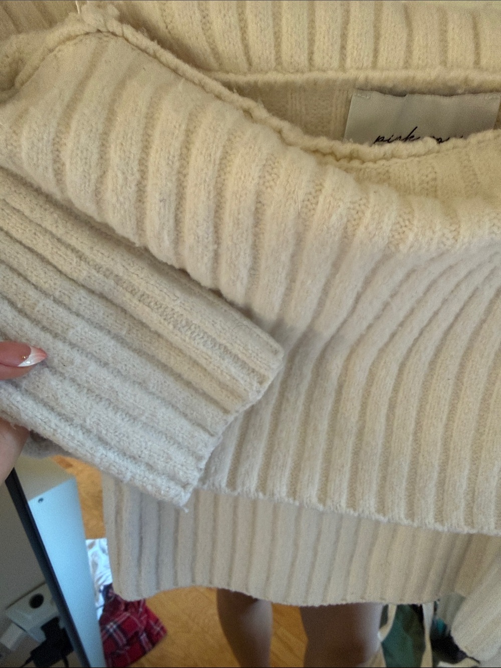 Pink Rose Off-Shoulder Ribbed Cream Sweater - Picture 3 of 4